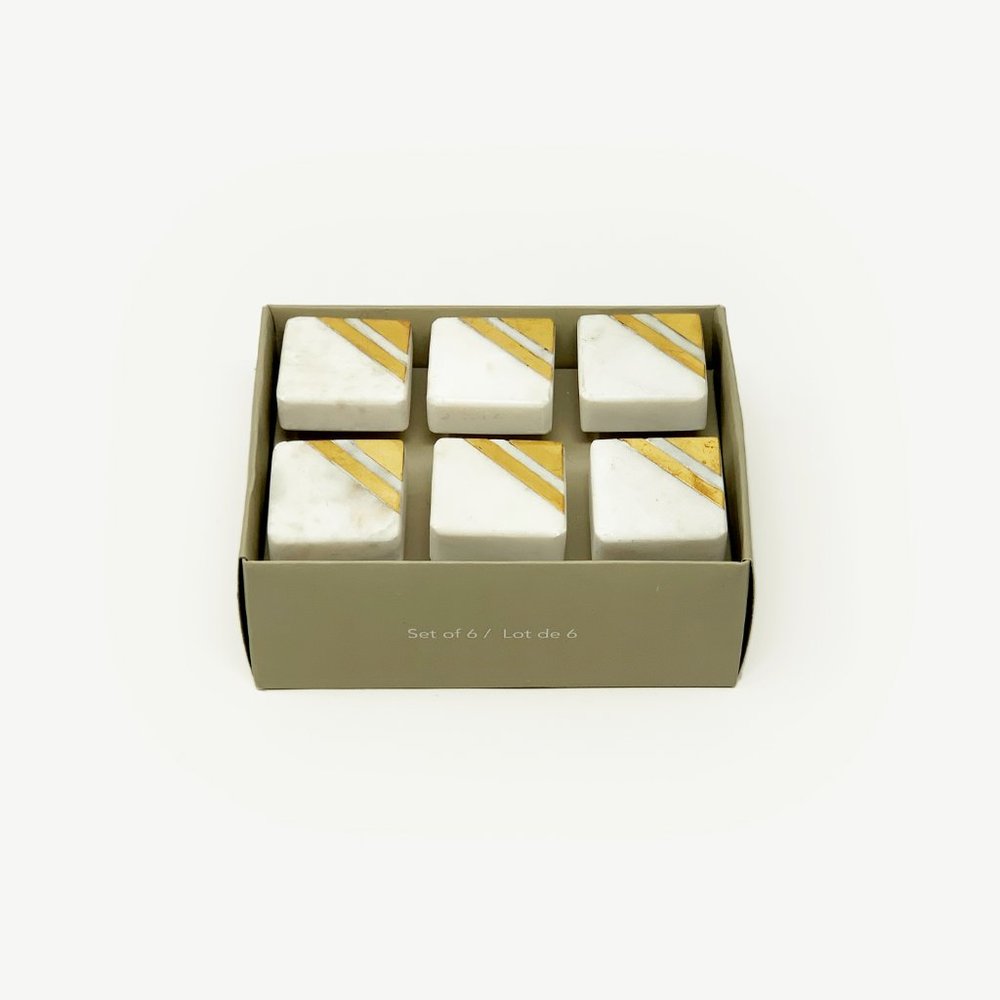 Modern White Stone + Gold Square Knobs | SET OF 6 | NEW IN BOX!!!